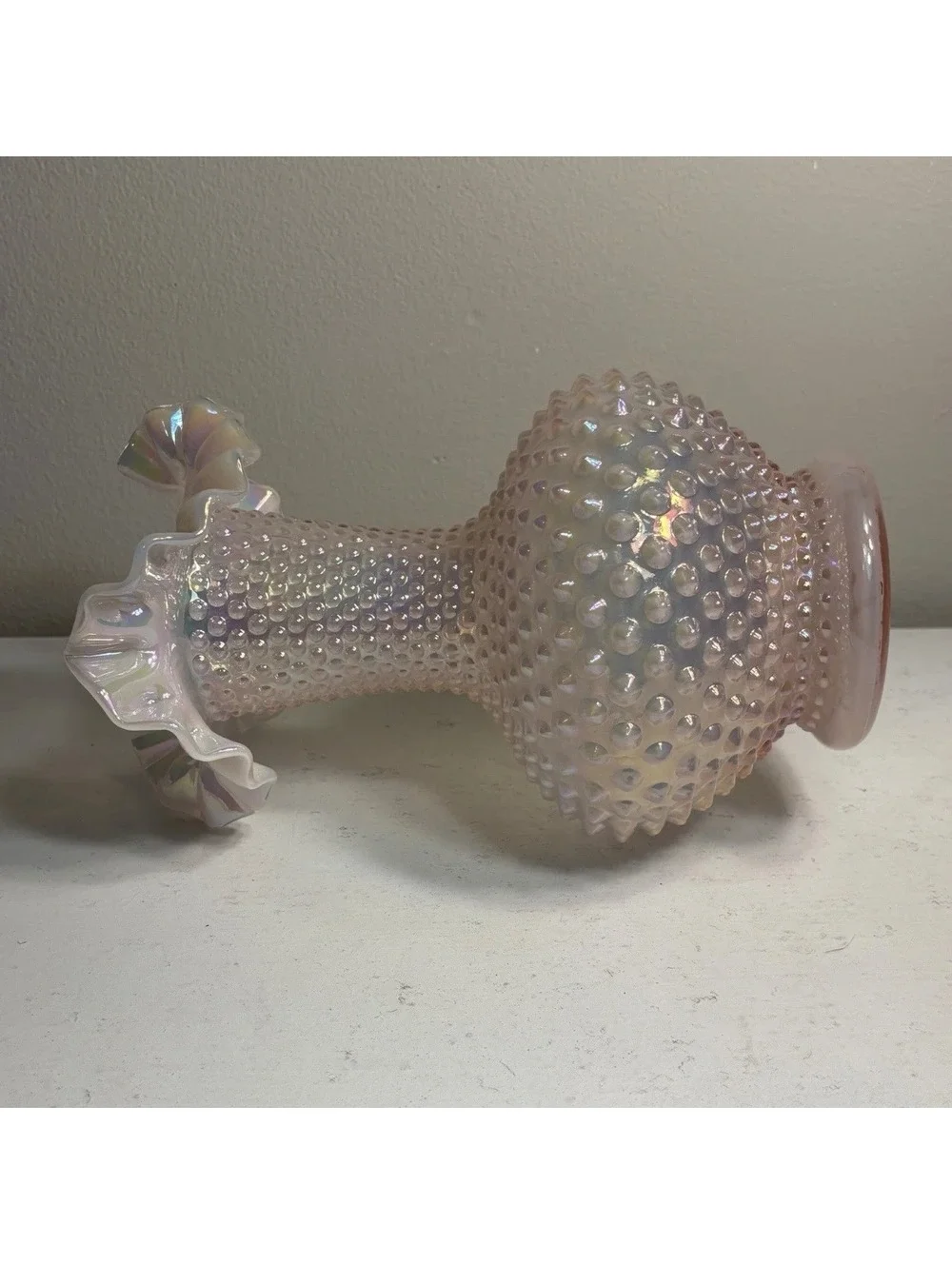 Fenton Iridescent Opalescent Champagne Pink Hobnail Double Crimped Vase 10 1/2
